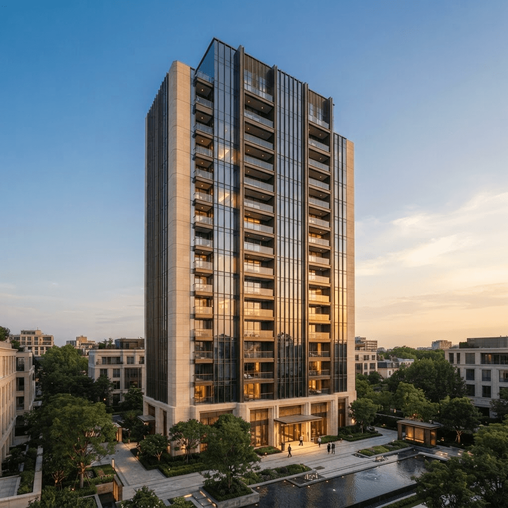 A luxury waterfront residential tower at dusk